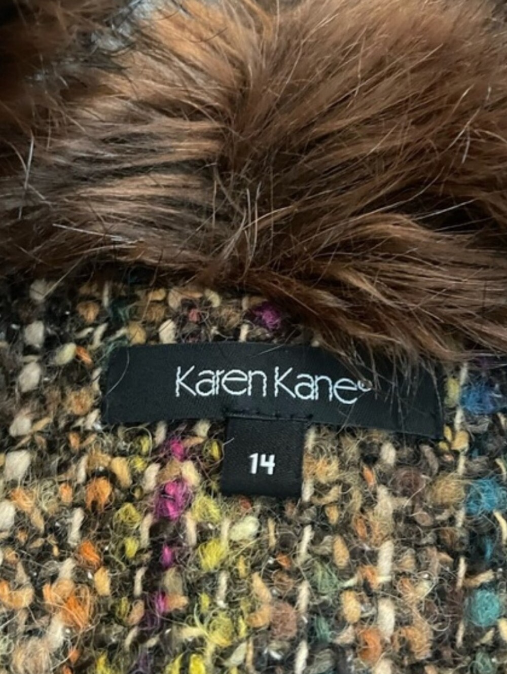 Karen Kane Multicolor Tweed Jacket with Brown Faux-Fur Trim Size 14 - Picture 4 of 5